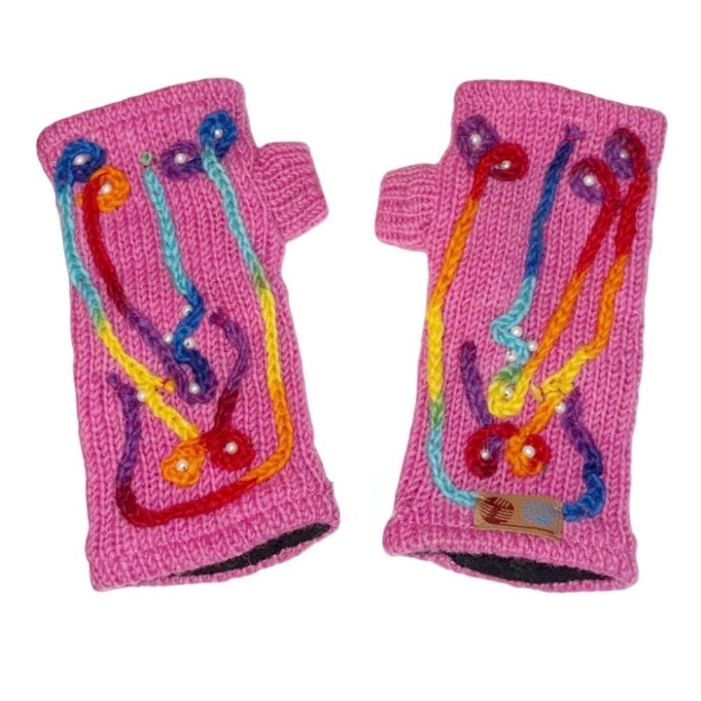 Hand Knit Wool Fingerless Lined Gloves Artisan Nepal Colorful Boho